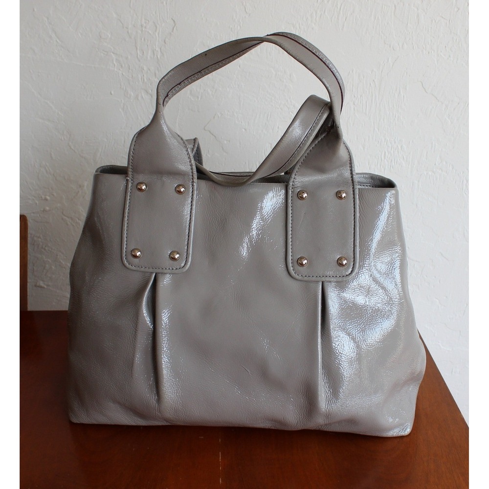 Kate Spade New York Grey Leather Pleated Tote Bag Striped Lining - Picture 4 of 15